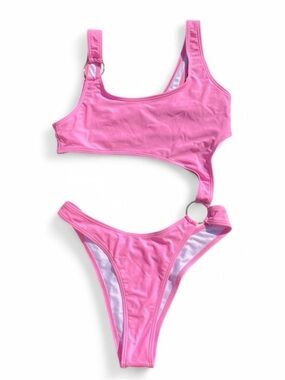 Pink One-Shoulder Cutout One-Piece Swimsuit with gold rings.